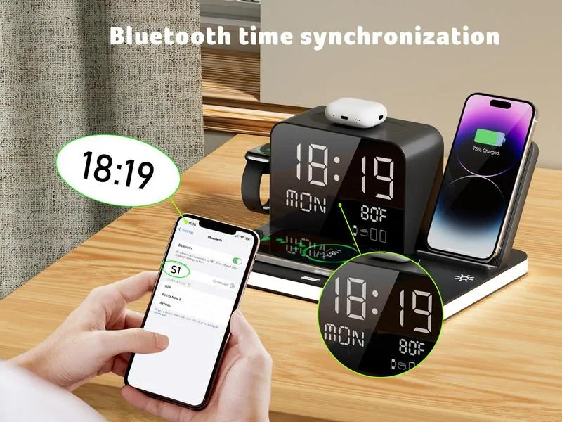 7-in-1 Wireless Charging Station with LED Clock 30W Fast Charger