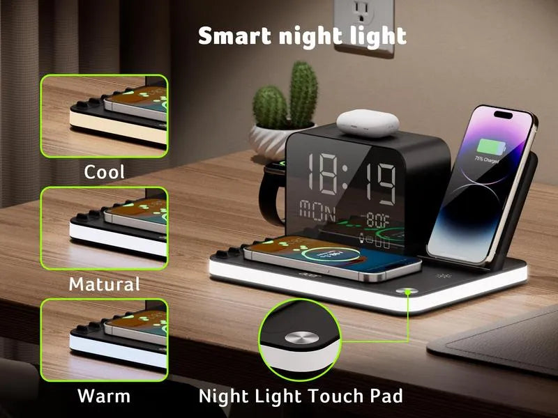 7-in-1 Wireless Charging Station with LED Clock 30W Fast Charger