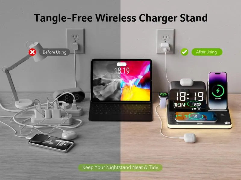 7-in-1 Wireless Charging Station with LED Clock 30W Fast Charger