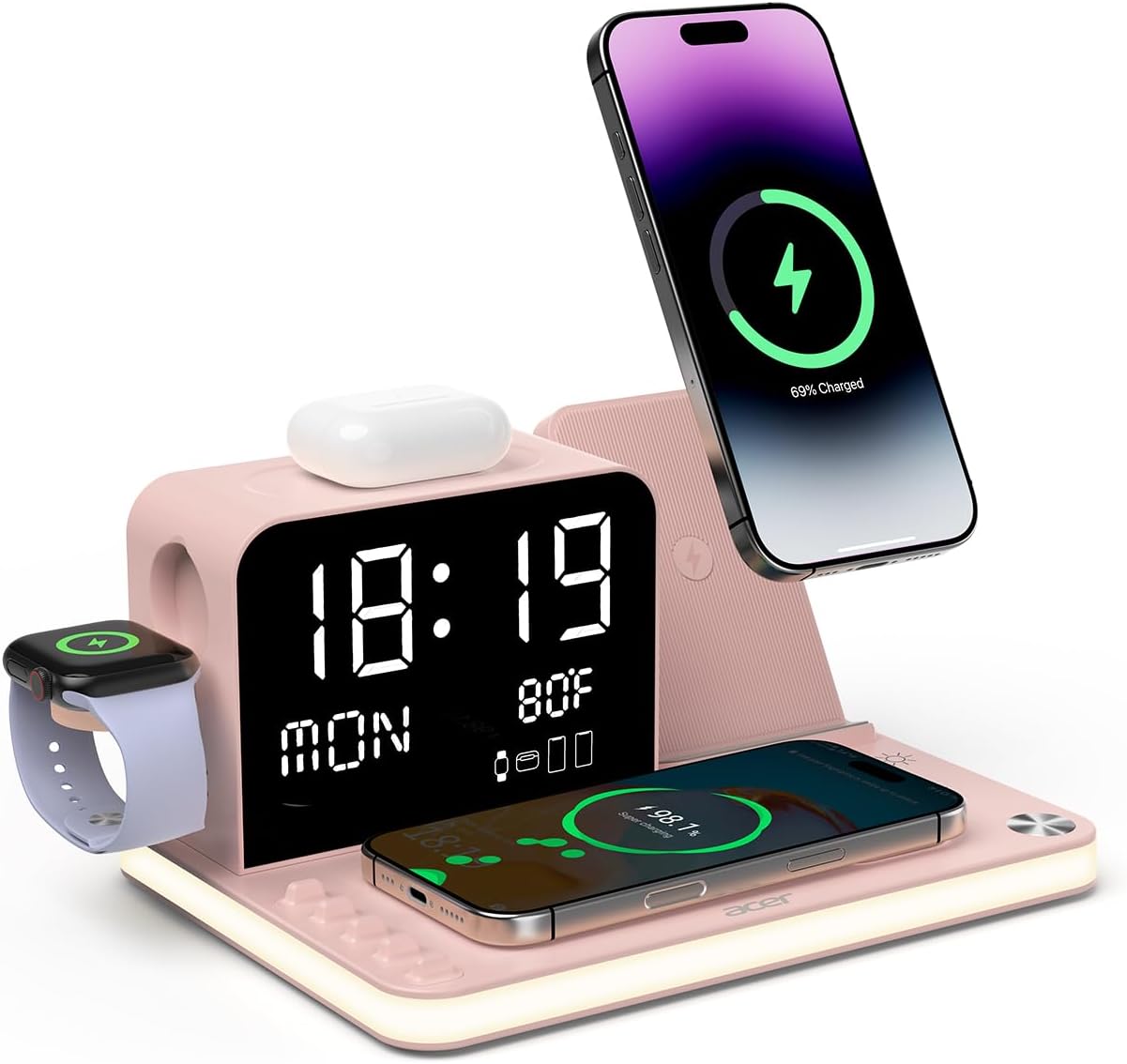 7-in-1 Wireless Charging Station with LED Clock 30W Fast Charger
