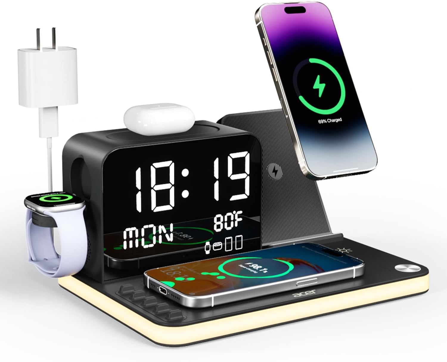 7-in-1 Wireless Charging Station with LED Clock 30W Fast Charger